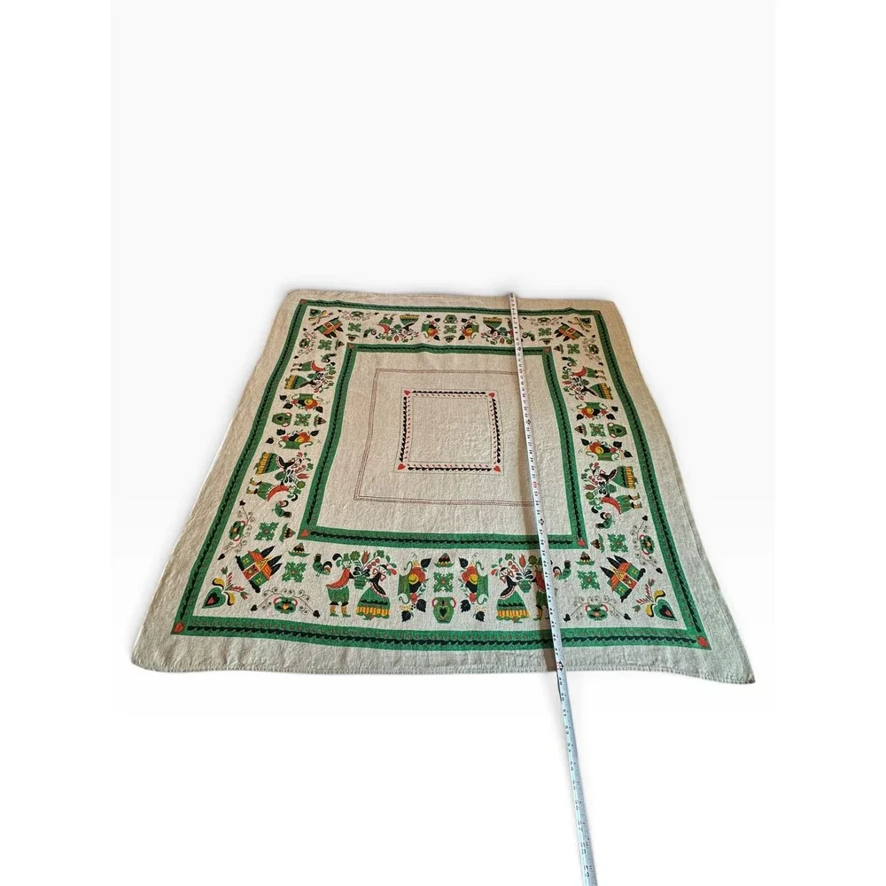 Vintage Scandinavian Folk Art Linen Blend Tablecloth 48x48 Beige Green Red